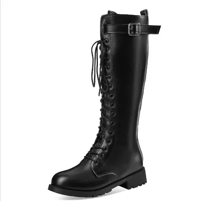 Ladies Flat Army Military Biker Boots Lace Up Pu Leather Knee High Combat Shoes • $45.26