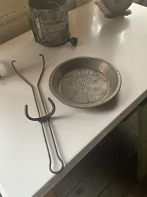 Antique Metal Pie Plate Lifter Holder W/ Vtg Pie Tin Farmhouse Kitchen Decor • $45