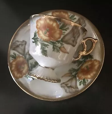 Vtg Ucagco August Poppy Gilded Luster Floral Footed Tea Cup +Saucer 1950s Japan • $16.90