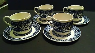 Set Of 4 Blue Willow Pattern Stackable Tea Cup/Mugs With Saucers Marked USA  • $17.99