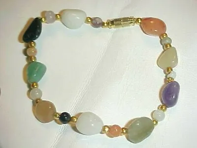 Vintage Assorted Large Genuine Stones Beaded 8.5  Pale Gold Tone Bracelet  D531 • $11.24