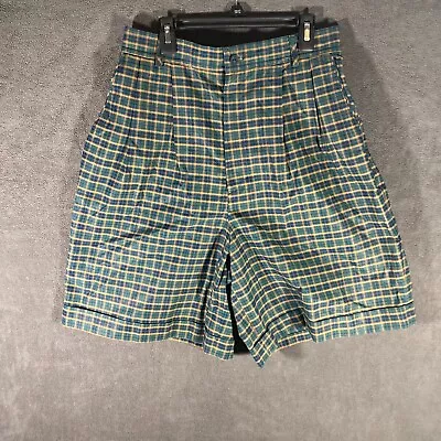 80s 90s Vintage Plaid Shorts Women's High Waisted Mom Size 10 Green Brown • $17.99