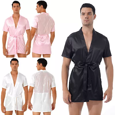 Men's Dressing Kimono Gown Satin Short Sleeve Robe Bathrobe Sleepwear Pyjamas • £9.92