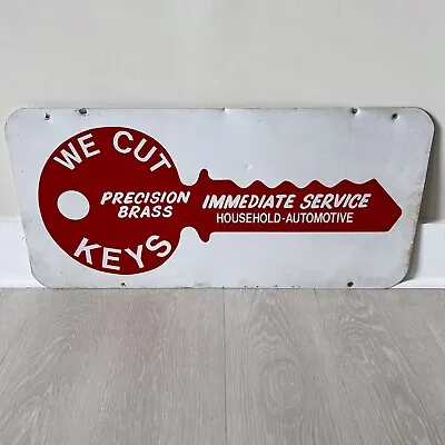 Vintage Key Cutting Metal Sign White Red Precision Brass Auto House • $141.99