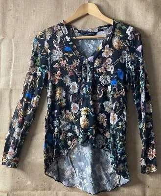 Zara Blouse Shirt Top Womens Size Small S Floral Zip Viscose Black Blue Green • $19.44