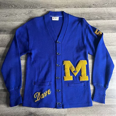 VTG University Of Michigan Wool Varsity Sweater Fits Med 1960s Cardigan Football • $129.95