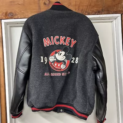 Mickey Mouse Wool Leather Varsity Jacket Mens Medium Black Gray Vintage Disney • $75