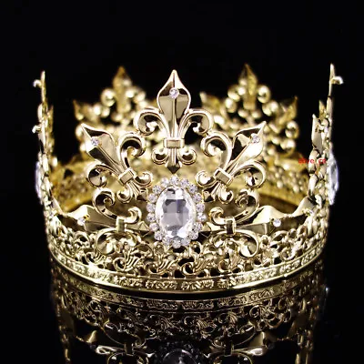Men's Imperial Medieval Fleur De Lis Gold King Metal Crown 10cm Tall 56.5cm Circ • £28.80