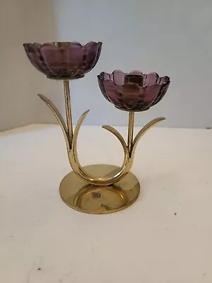 Gunnar Ander Ystad Metal Candle Holder Purple Glass Brass Sweden MCM Vintage • $25