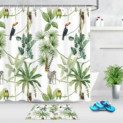 Watercolor Tropical Palm Trees Monkey Parrots Shower Curtain Set Bathroom Decor • $12.95