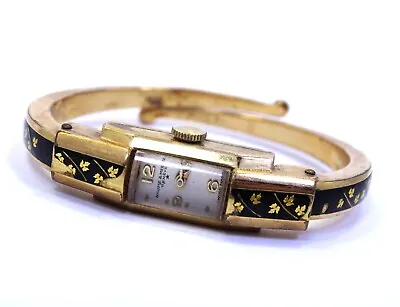 Ladies Vintage BAUME & MERCIER 18K Gold Plate Enamel Winding Bangle Watch 21211 • $235