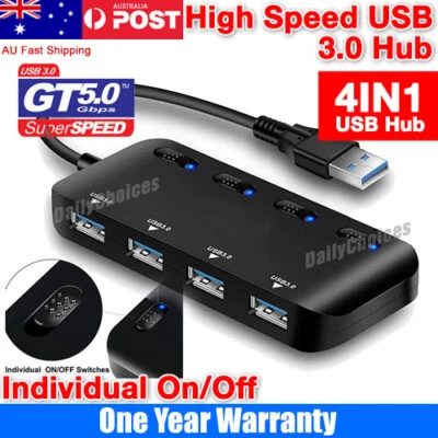 $14.55 • Buy 4 Port USB 3.0 HUB With ON/OFF Switchs For PC Laptop High 500mA Output Powered