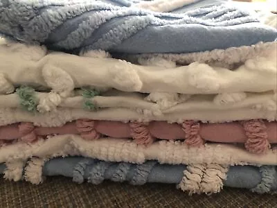 Vintage Chenille Bedspread Fabric Pieces Lot Of 7 Stash Builder Blue Pink White • $24.97