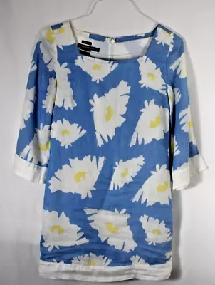 Womens Island Company Linen Chica Dress Blue Flowers Bell Sleeve • $39.99