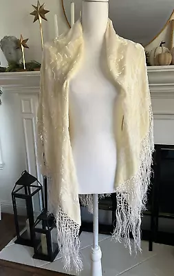 Velvet Burnout Scarf Ivory Floral Fringed Piano Shawl Scarf Wrap 42  Square • $24