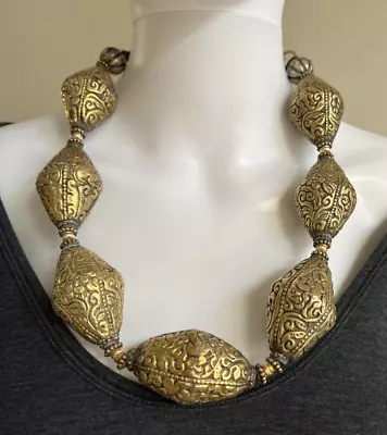 MASHA ARCHER Vintage Hammered Brass Repousse Statement Necklace  • $795