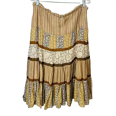 Bila Boho Skirt Womens S Brown Floral Cotton Lined Tiered Peasant Hippie Pull On • $19.99