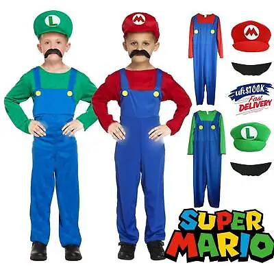 Kids Super Mario Costume Fancy Dress Up Hat Set Party Boys Girls Cosplay Outfits • £8.32