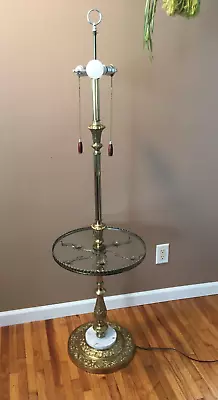 **Vintage MCM BRASS FLOOR LAMP ROUND GLASS TABLE BRASS FLOWERS ITALY MARBLE BASE • $324.49