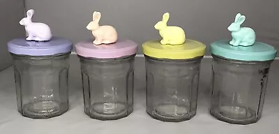 Vtg Easter Bunny Paneled Glass Storage Jelly Jars W/ Lids Pastel Decor Spring • $20