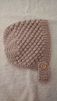 Hand Knitted Baby Bonnet/Hat With Adjustable Strap (0-3 Months) Oatmeal • £5.95