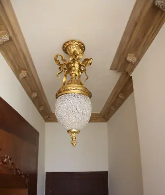 French Brass Crystal Lantern Entrance Hall Chandelier Putti Heads Ceiling Lamp • £632.50