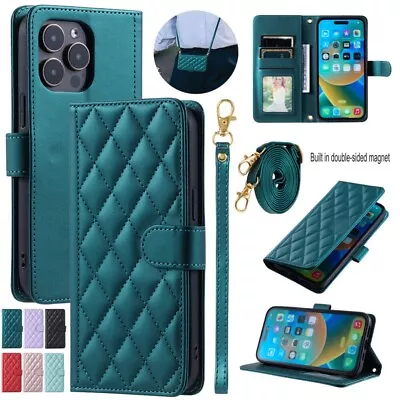 For IPhone 15 14 13 12 11 Pro Max 7 8 Plus Flip Leather Case Wallet Cover Strap • £8.75