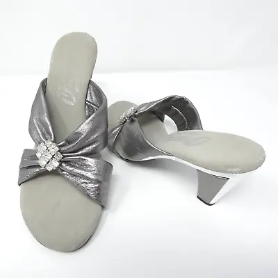 Onex Women's Slip On Sandals US 6 Heeled Silver Cross Straps Rhinestones EU 37 • $14