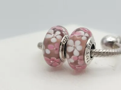 2 Authentic Pandora   Murano Glass Flowers Garden Floral Charm DARK PINK • $22.99