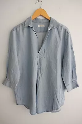 Zara Womens Blouse Top S 8 10 Blue Chambray 3/4 Sleeve Collar Oversized Pullover • $15
