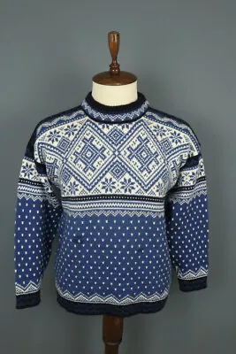 DALE OF NORWAY Vintage Blue Snowflakes Wool Knit Ski Sweater Size M • $84