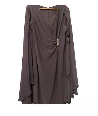 R & M Richards STEEL Embellished Chiffon-Duster Cape Dress Sz 12 Gray Sheer • $30