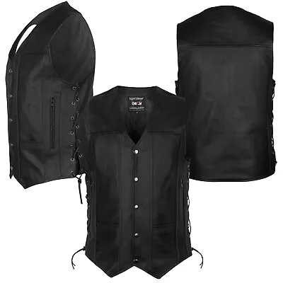 DEFY New Men's Biker Black Genuine Leather 10 Pockets Motorcycle Vest XS To 12XL • $34.99