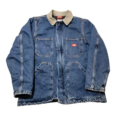 Vtg Dickies Denim Chore Jacket Quilted Lined Full Zip Corduroy Collar Barn Sz M • $54.95