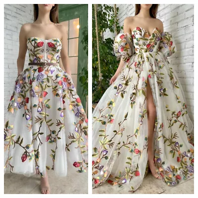 Embroidery Short Floral Puff Sleeves V-neck Prom Dresses Side Slit Wedding Dress • $85.49