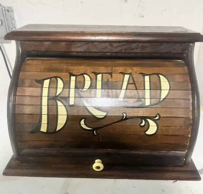 Vintage Wooden Roll Top Bread Box Country Kitchen With Word  BREAD  On Front • $70