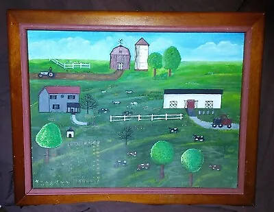$100 • Buy Vintage Oil Canvas Board Cows Red Barn Farm Country Scene Folk Art Framed