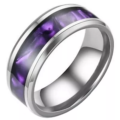 Synthetic Amethyst Ring Silver Stainless Steel Genderless Purple Wedding Band • $16.99