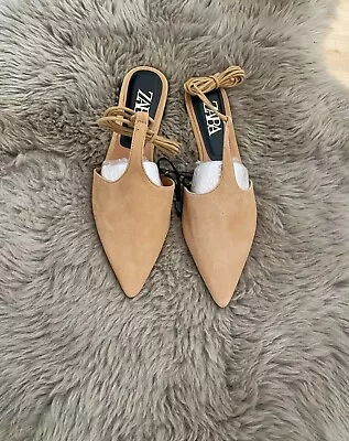 Zara  Sand Brown Tied Leather T-bar Mules/sandals /flats Size Uk  6 Eu 39 • £12.99