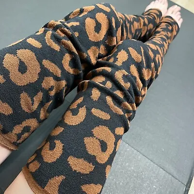 Cheetah Sweater Knit Leg Warmers Brown Thigh Highs Black Footless Knee Socks Vtg • $68