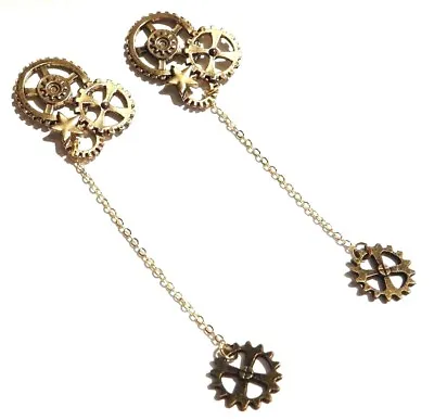 BRASSY STEAMPUNK GEARS EARRINGS Chain Dangle Cogs Industrial Gold Bronze Post Z6 • $9.99