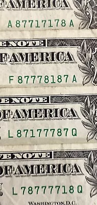 Lot Of 4 One Dollar Bill Fancy Serial Number Trinary ( 3 Of 2013 And One 2017A) • $10.99