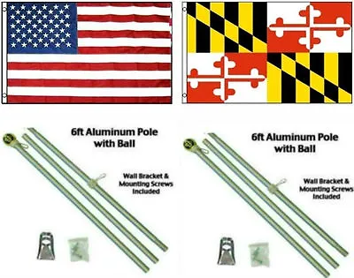 3x5 USA American & State Of Maryland Flag Aluminum Pole Kit Ball Top 3'x5' • $36.94