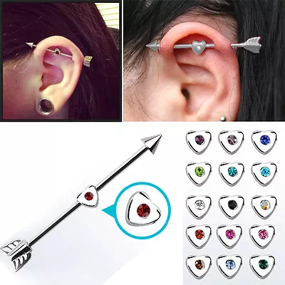 $4.60 • Buy 14g 1.6mm Steel Barbell Heart Jewel Arrow Long Industrial Bar Ear Cartilage Punk
