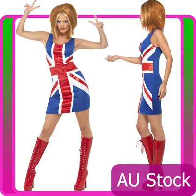 Ladies 90s Ginger Spice Girls Costume Union Jack Fancy Dress 1990s Pop Star 80s • $40.84