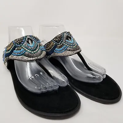 $31.78 • Buy Roper Womens Black Blue Leather Slip On Embroidered Beaded Thongs Sandal Size 9