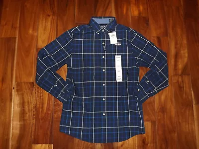 NWT Mens CHAPS Navy Blue Button Front Plaid Dress Shirt Long Sleeve S Small $55 • $19.95