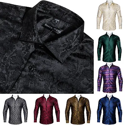 Blue Purple Mens Silk Shirt Paisley Floral Casual Shirts Long Sleeve Slim Tops • £27.99