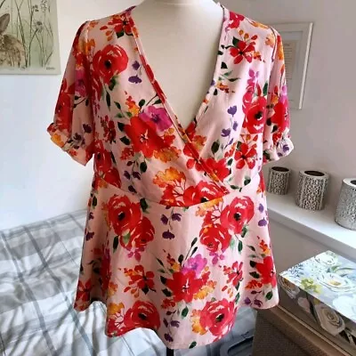 Quiz Size 16 Pink Red Multi Coloured Floral Peplum Waist Blouse Top V-Neck • £5.99