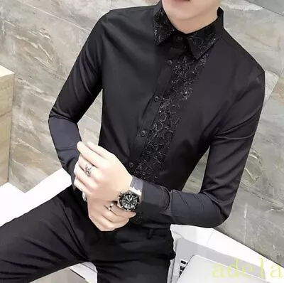 Mens Sequin Slim Fit Lapel Collar Button Down Shirt Long Sleeve Club Top Blouses • $55.68